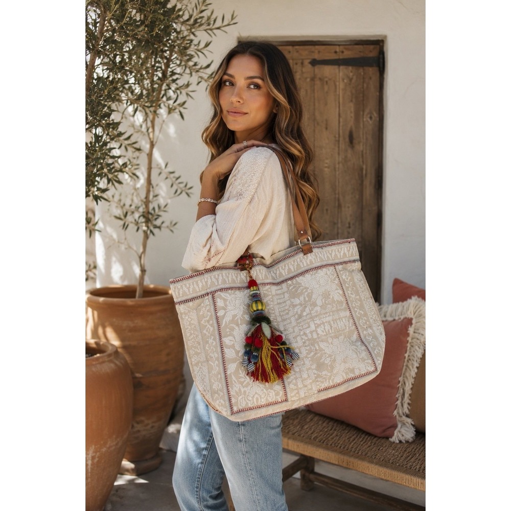 Johnny Was Embroidered Linen Tote Bag Boho Floral Tassel Large Beige